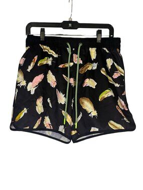 Page One Men's Black Feather Pattern Swim Shorts Size Large Quick Dry Mesh Linin